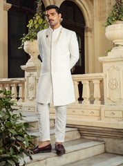 White embossed jacquard Sherwani