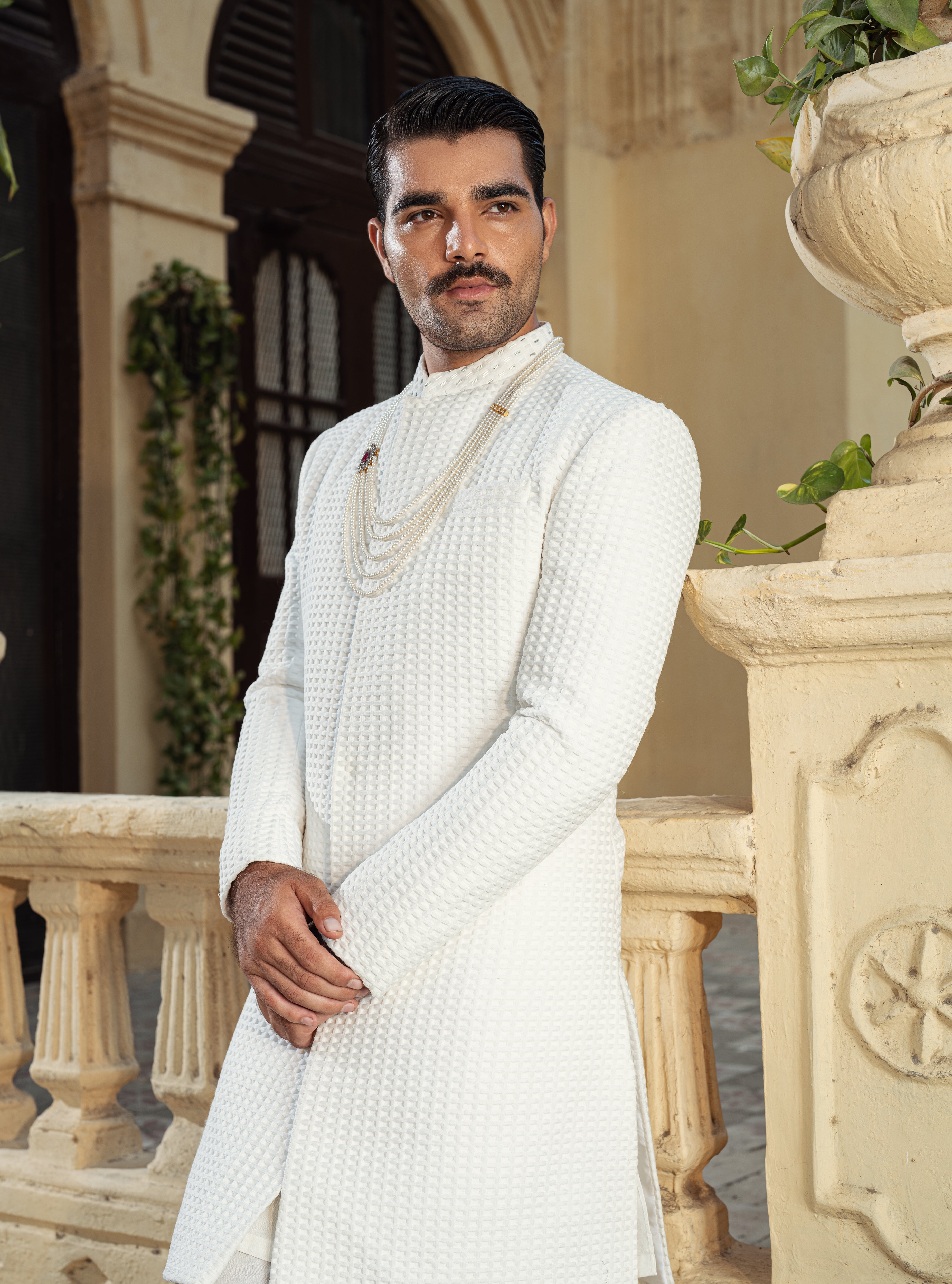 White embossed jacquard Sherwani