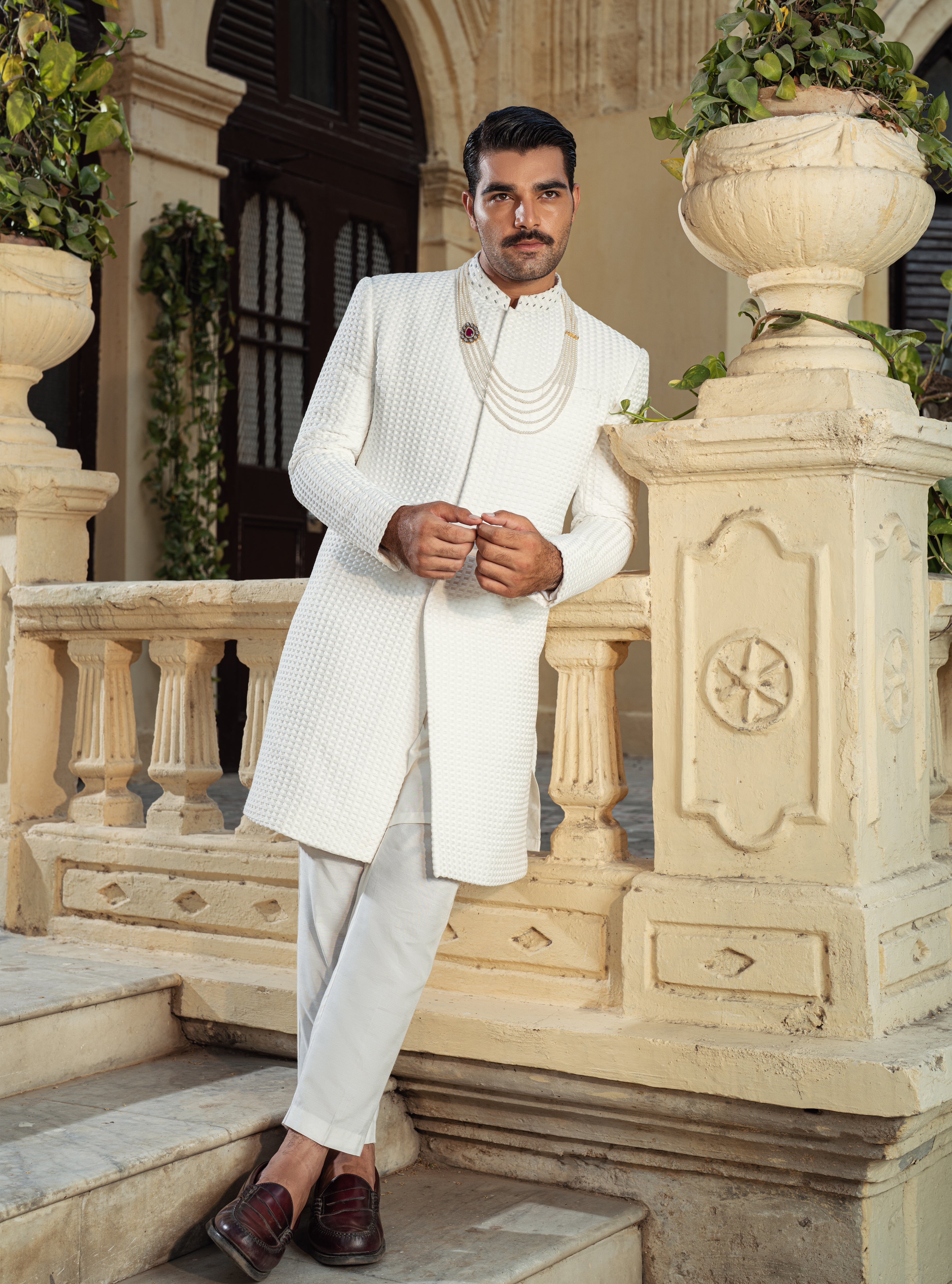 White embossed jacquard Sherwani