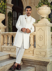 White embossed jacquard Sherwani