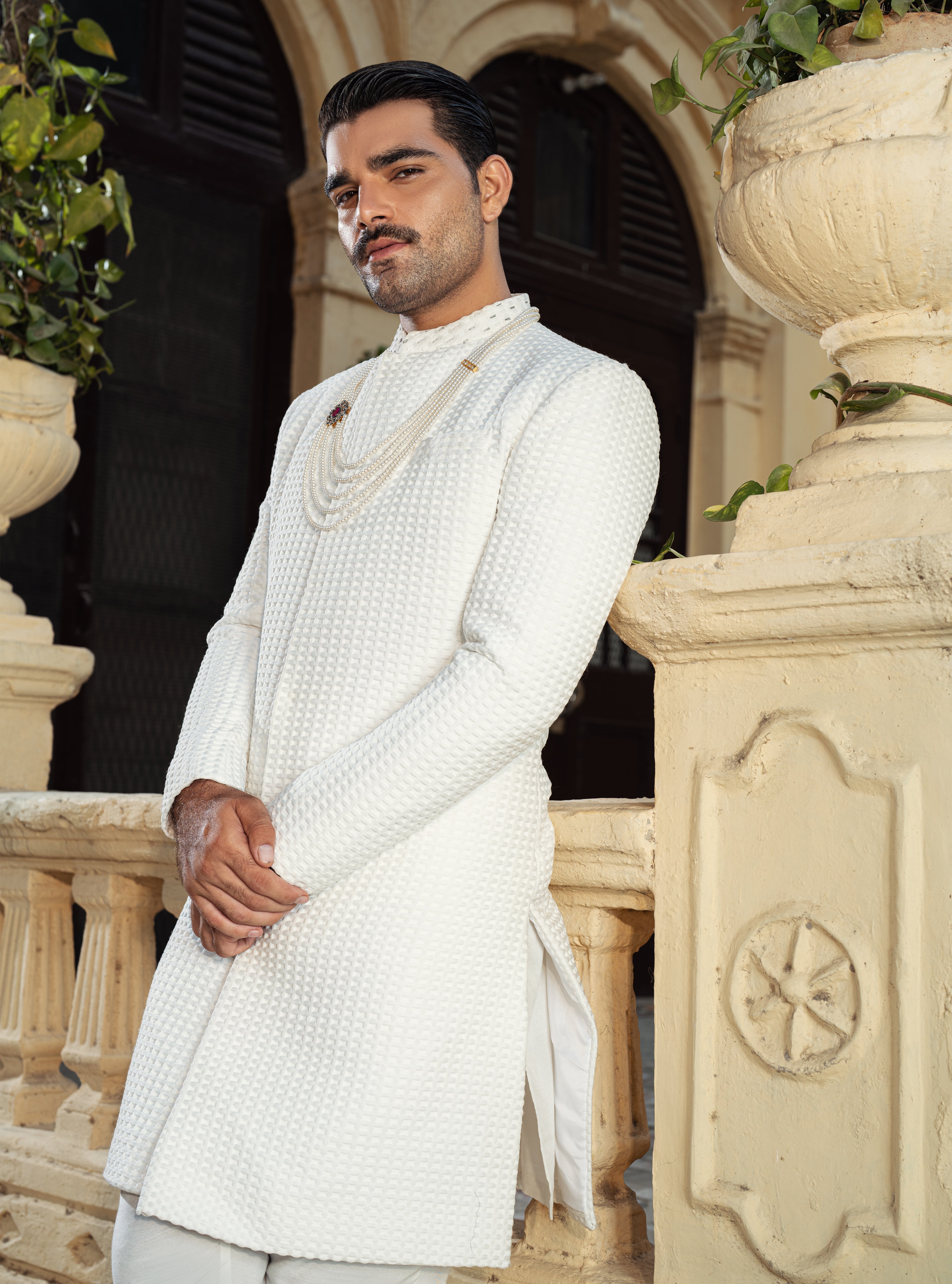 White embossed jacquard Sherwani