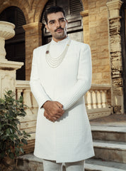 White embossed jacquard Sherwani