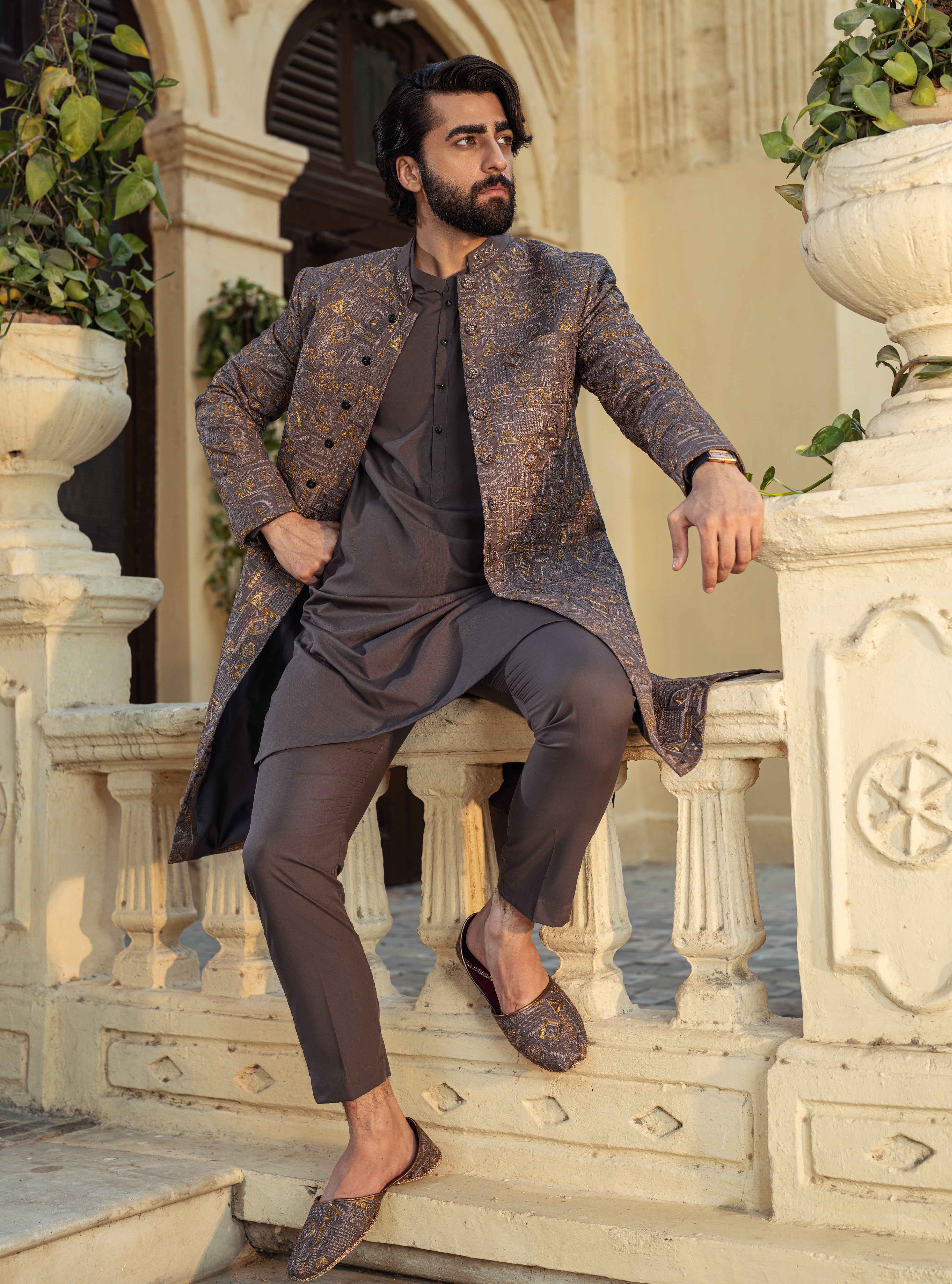 Brown and antique mixture Sherwani