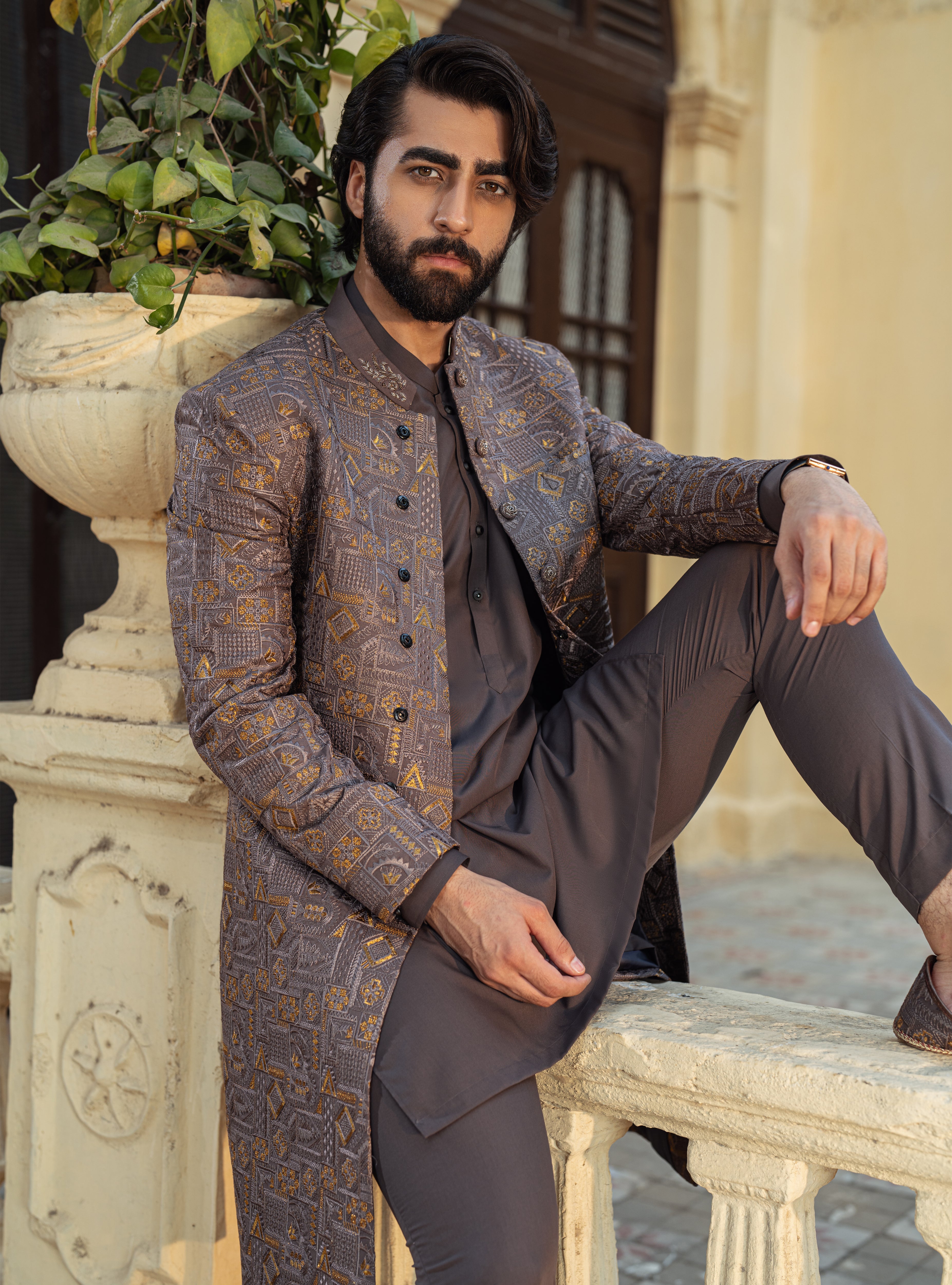 Brown and antique mixture Sherwani