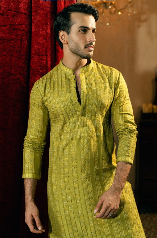 Olive Green Borders Kurta Trouser