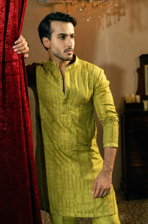 Olive Green Borders Kurta Trouser