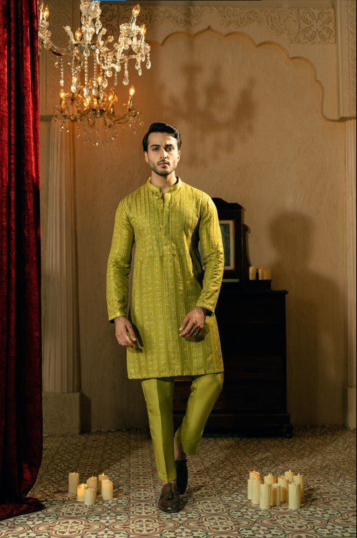 Olive Green Borders Kurta Trouser