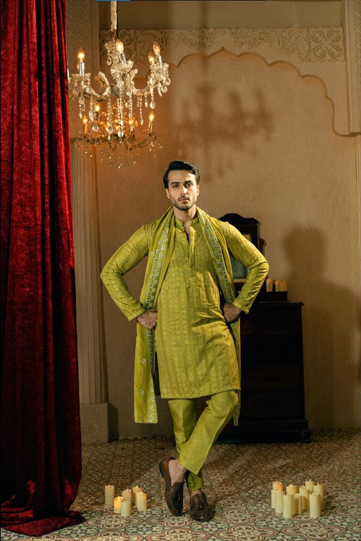 Olive Green Borders Kurta Trouser
