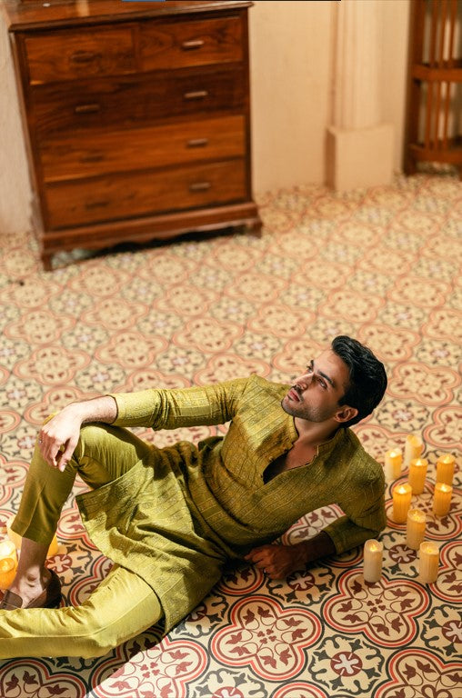 Olive Green Borders Kurta Trouser