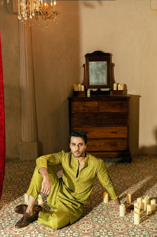 Olive Green Borders Kurta Trouser