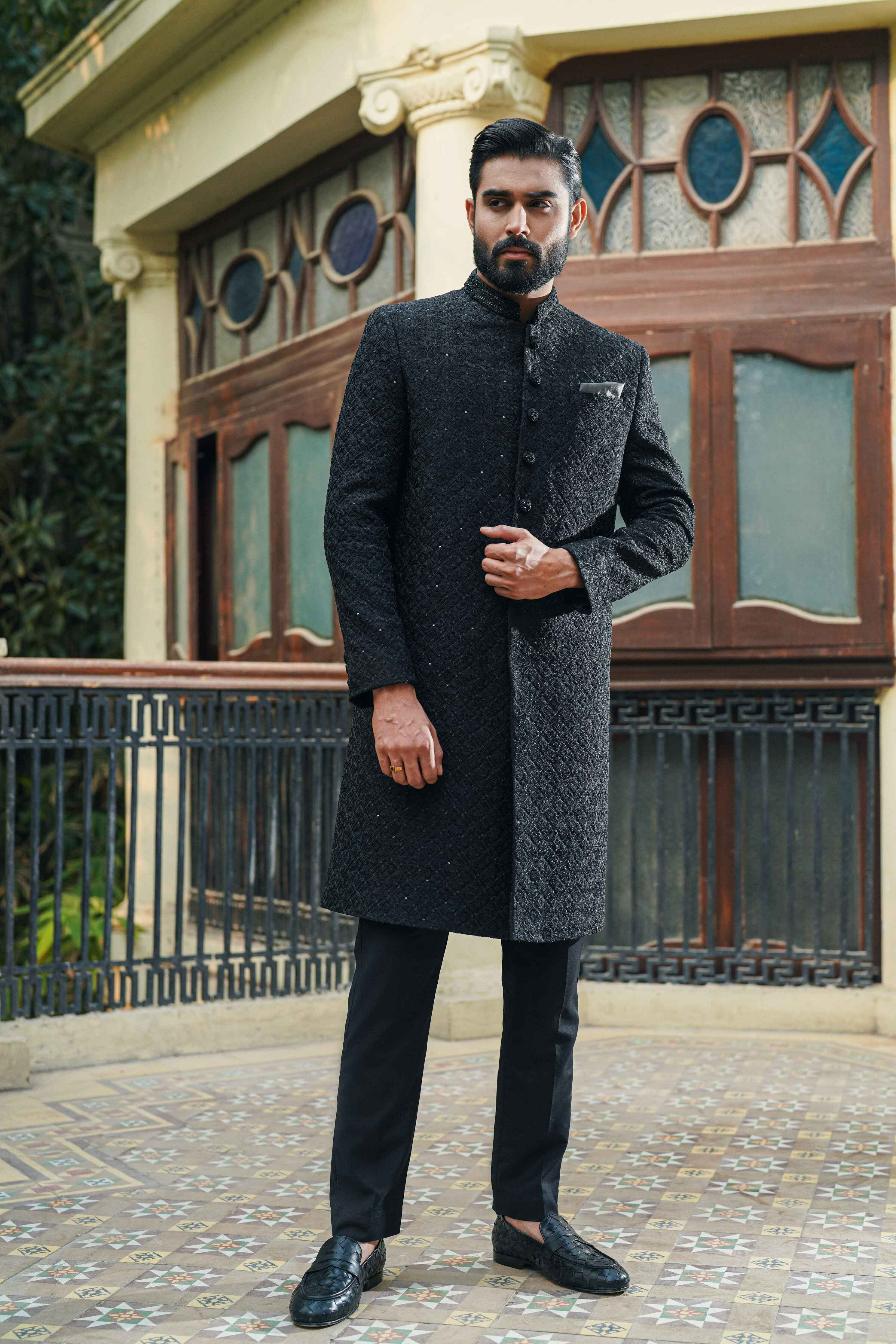 Classic Embroidered Black Sherwani