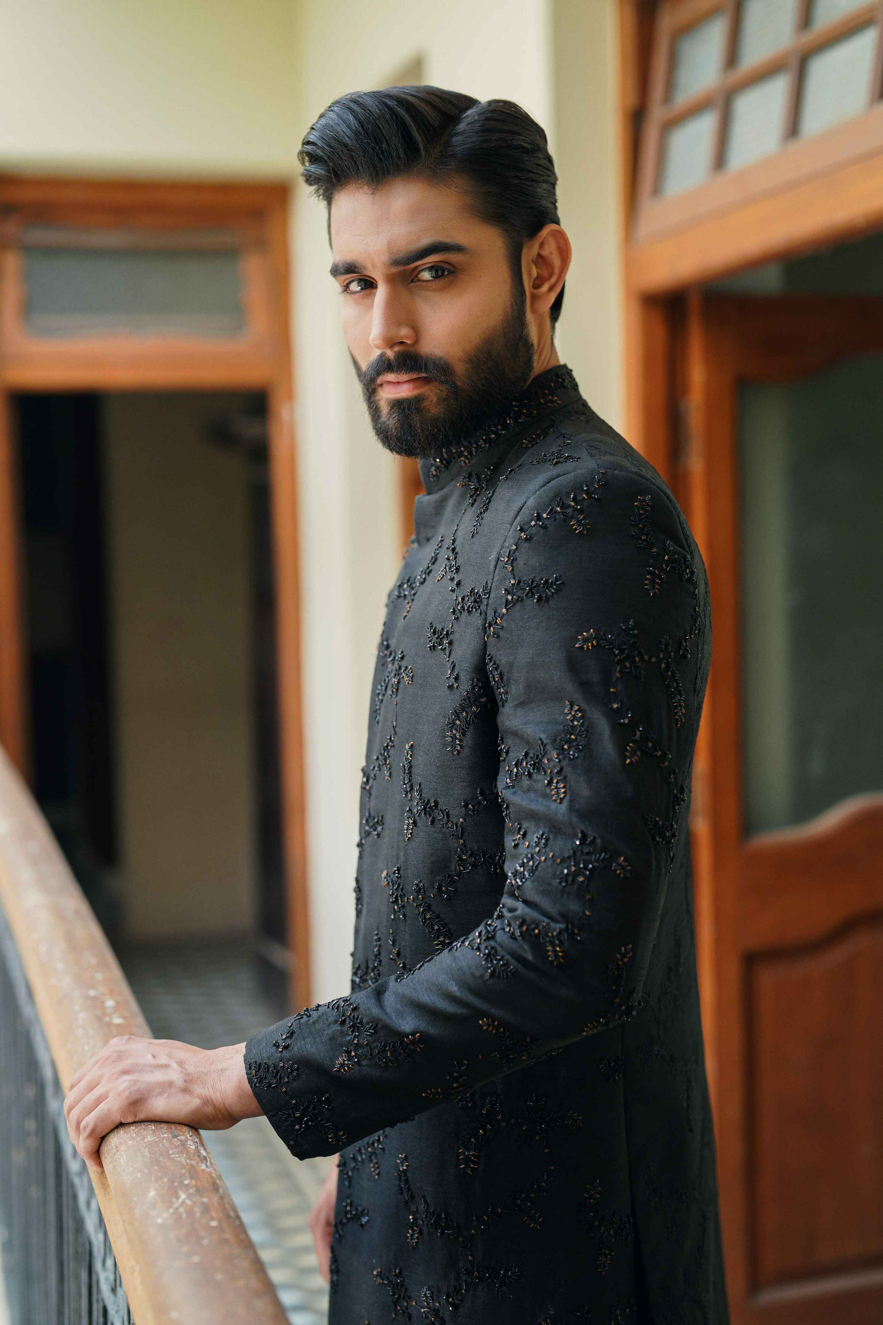 Black Scatter Embroidery Sherwani