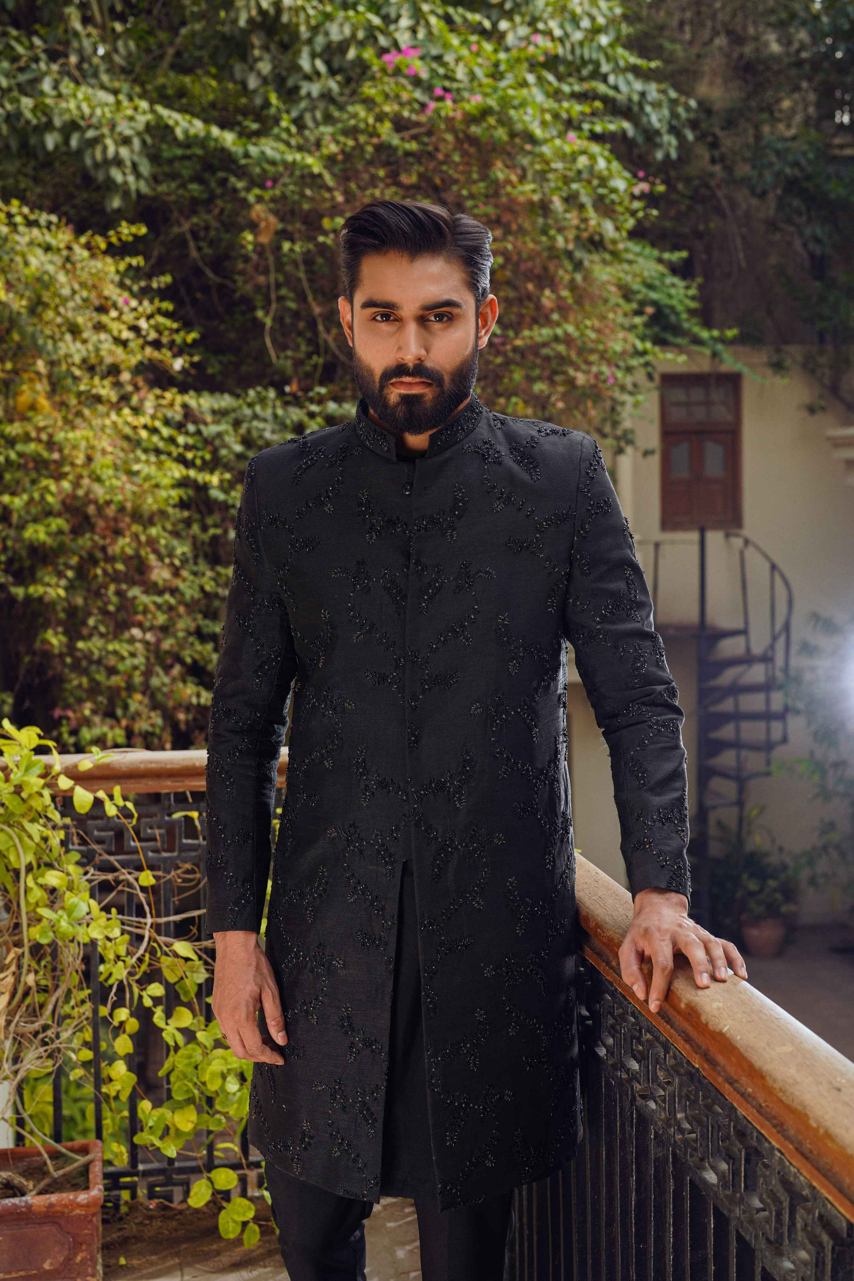 Black Scatter Embroidery Sherwani