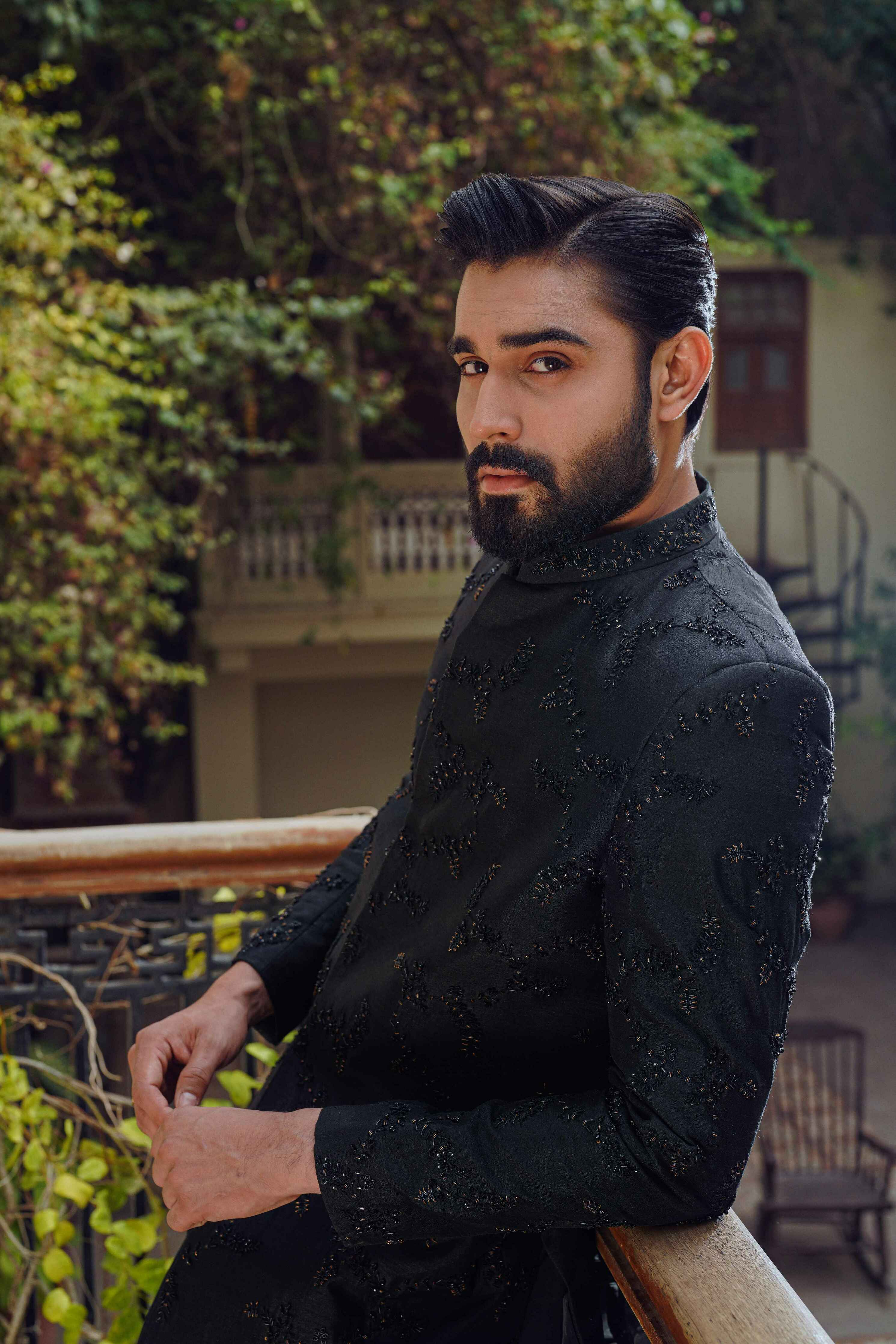 Black Scatter Embroidery Sherwani