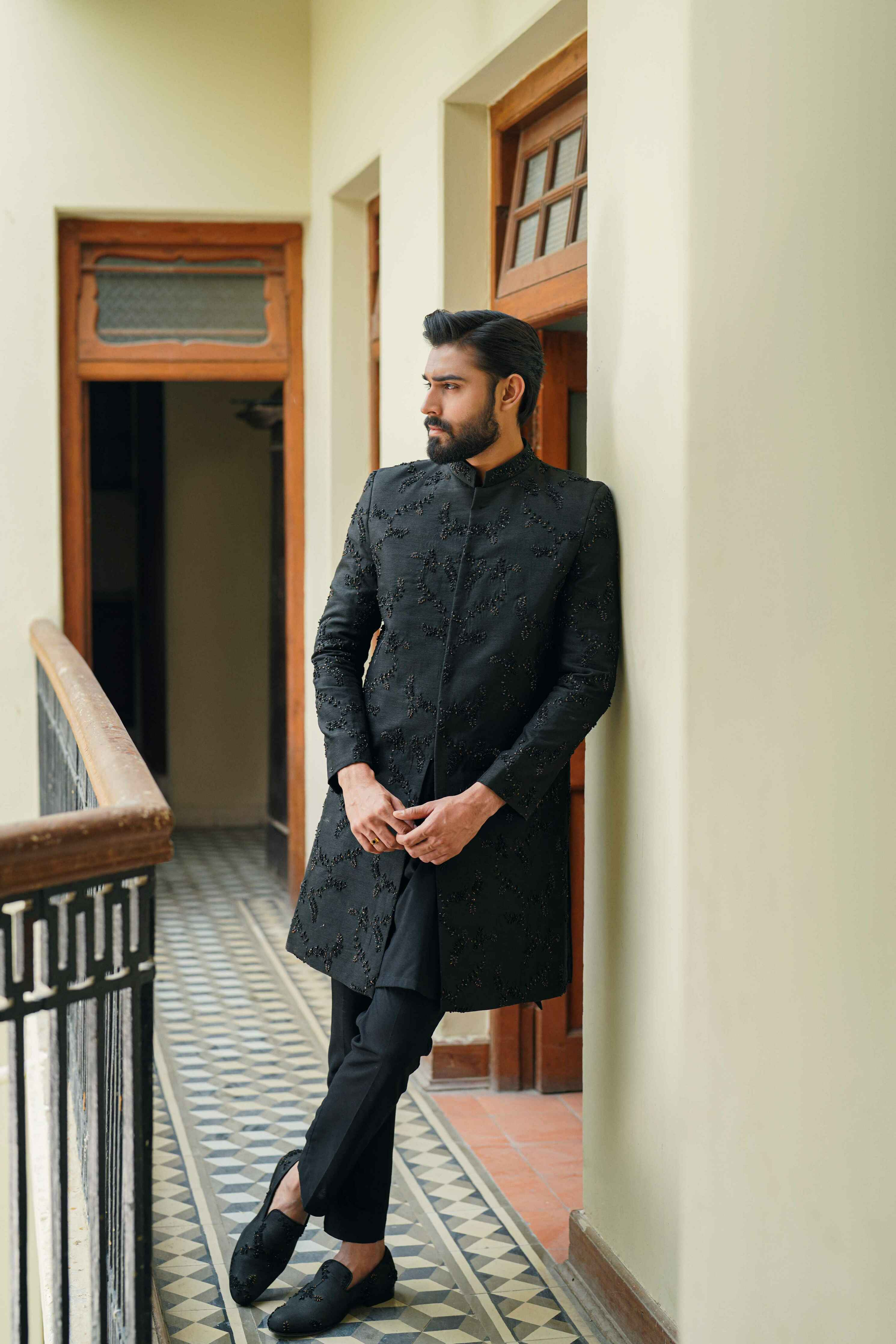 Black Scatter Embroidery Sherwani