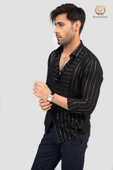 Black and silver stripe party wear shirt