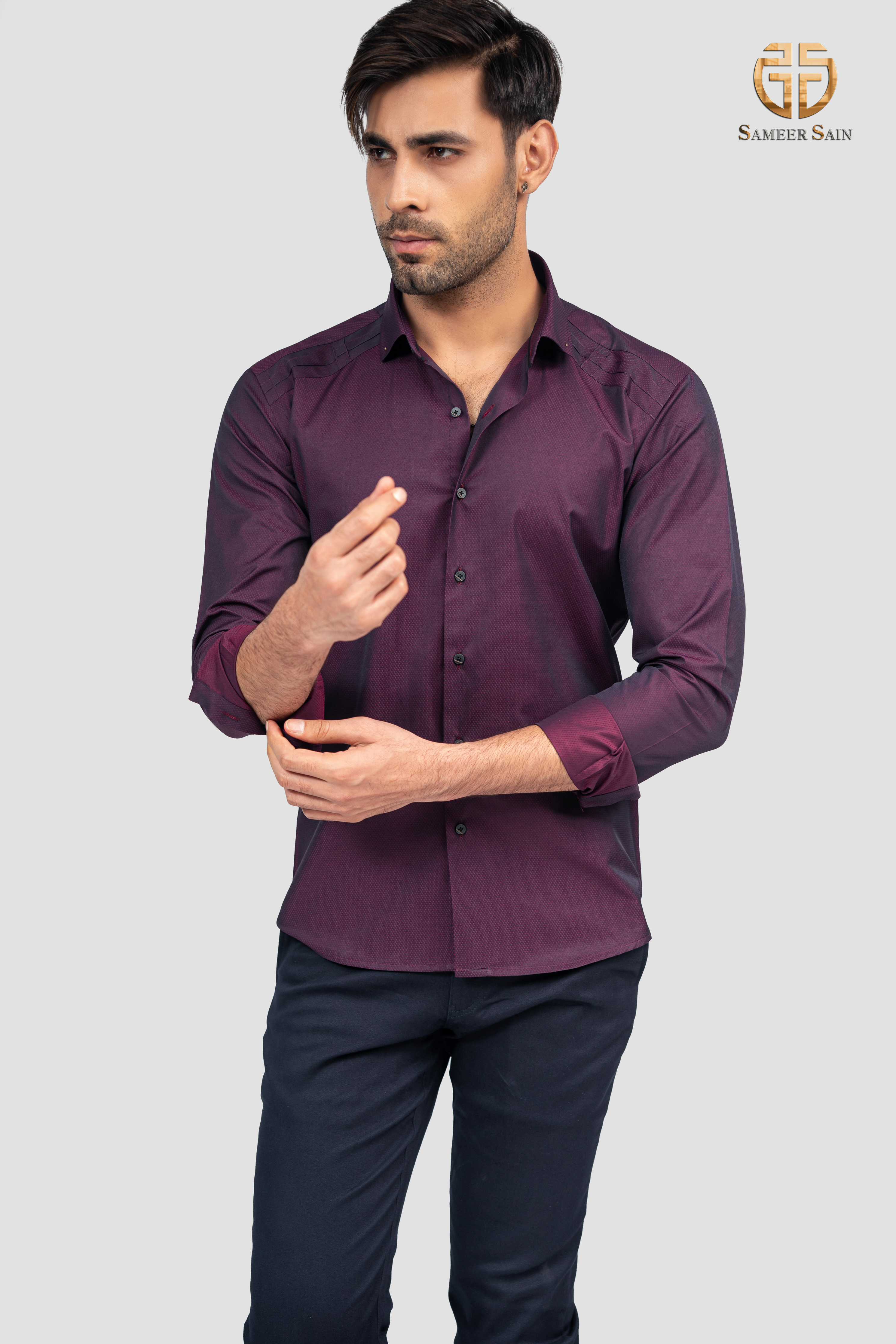 Deep purple self texture print fabric shirt