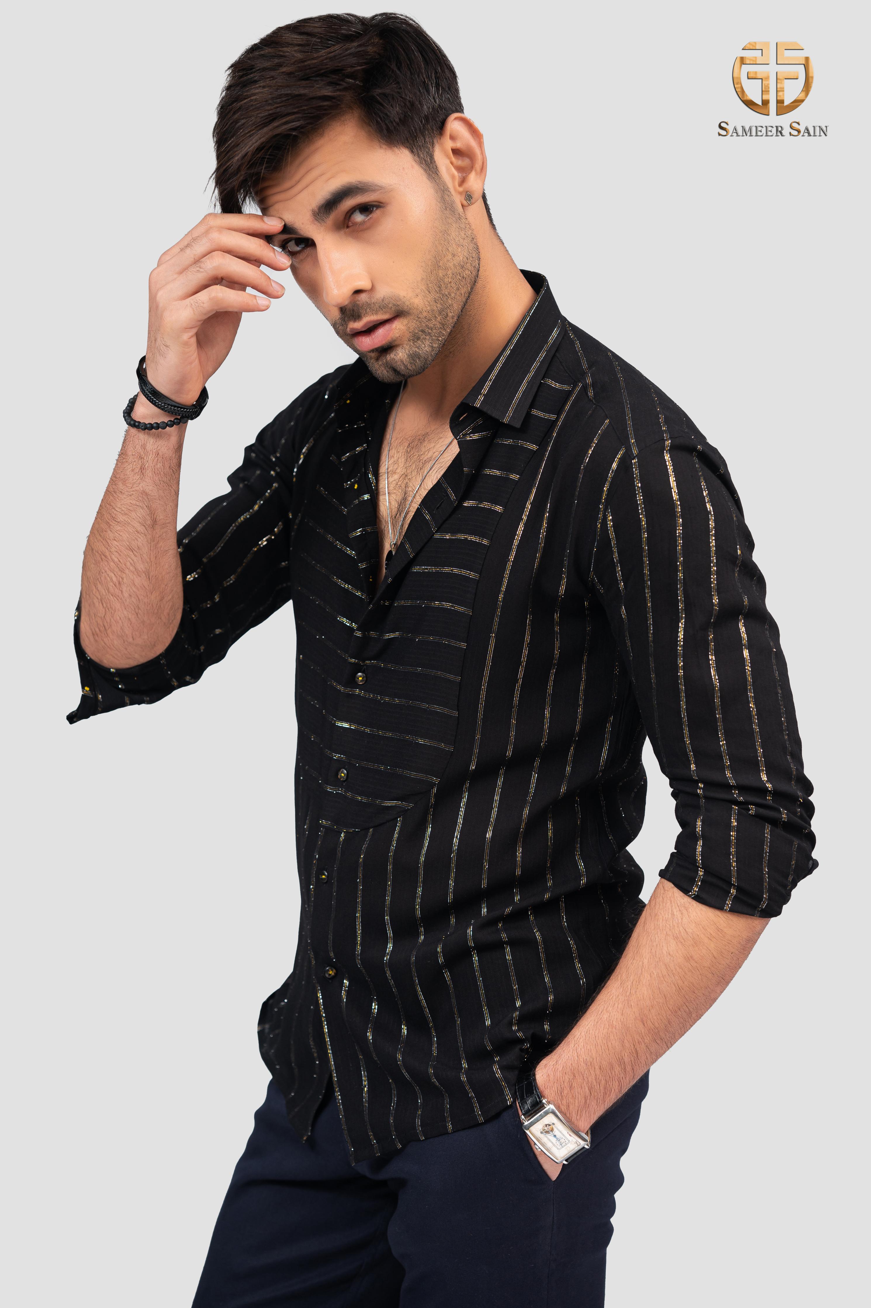 Black and silver stripe party wear shirt