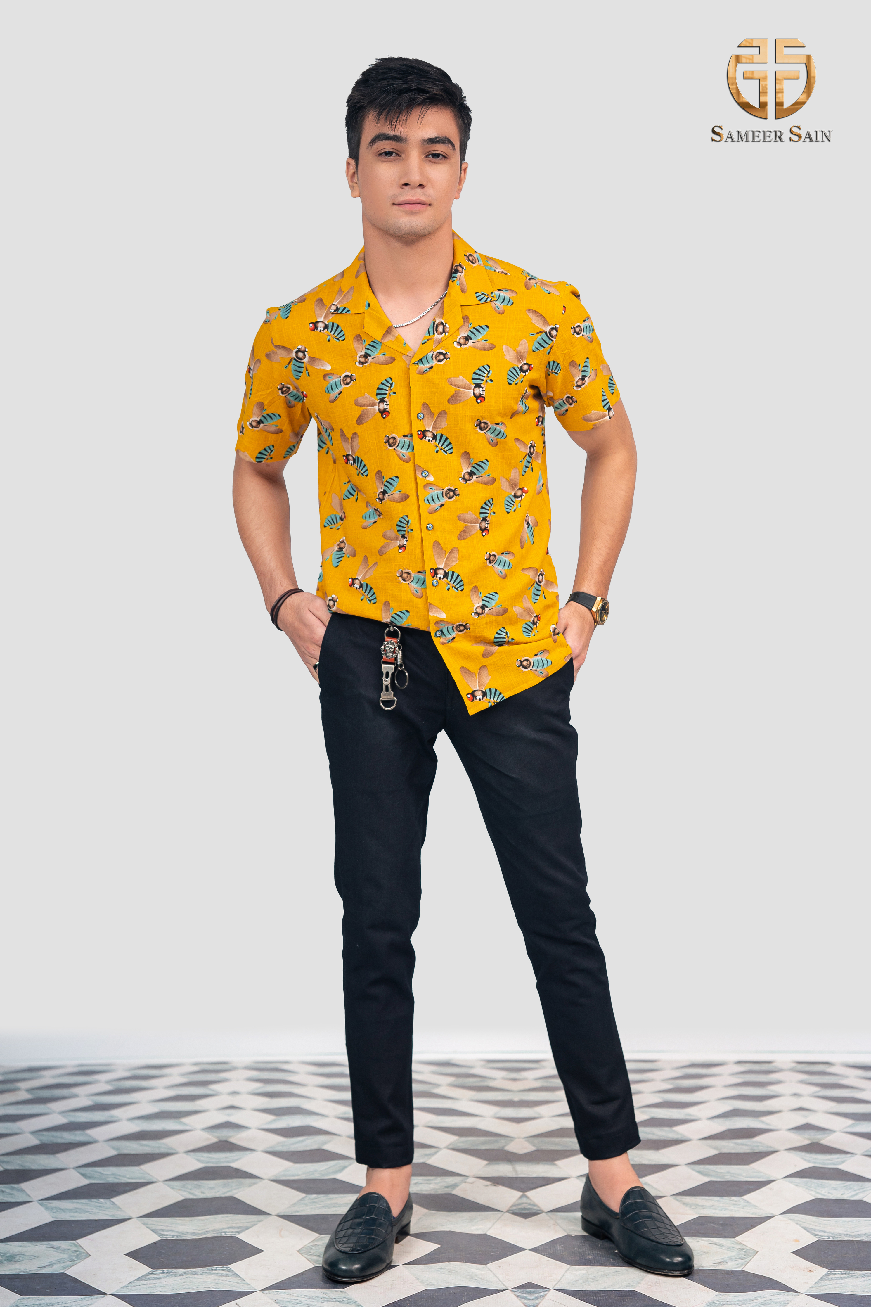 Honey bees yellow print shirt.