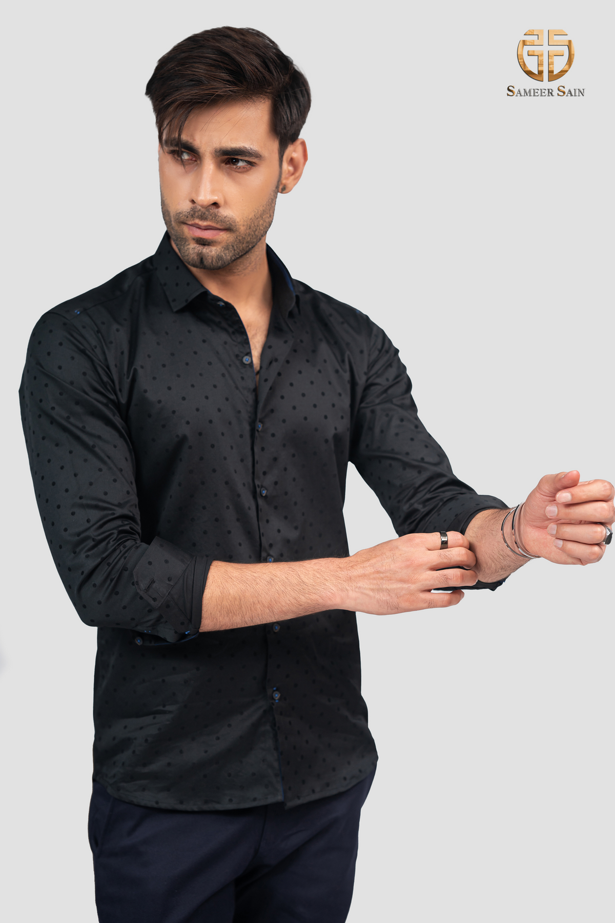 Black polka print shirt