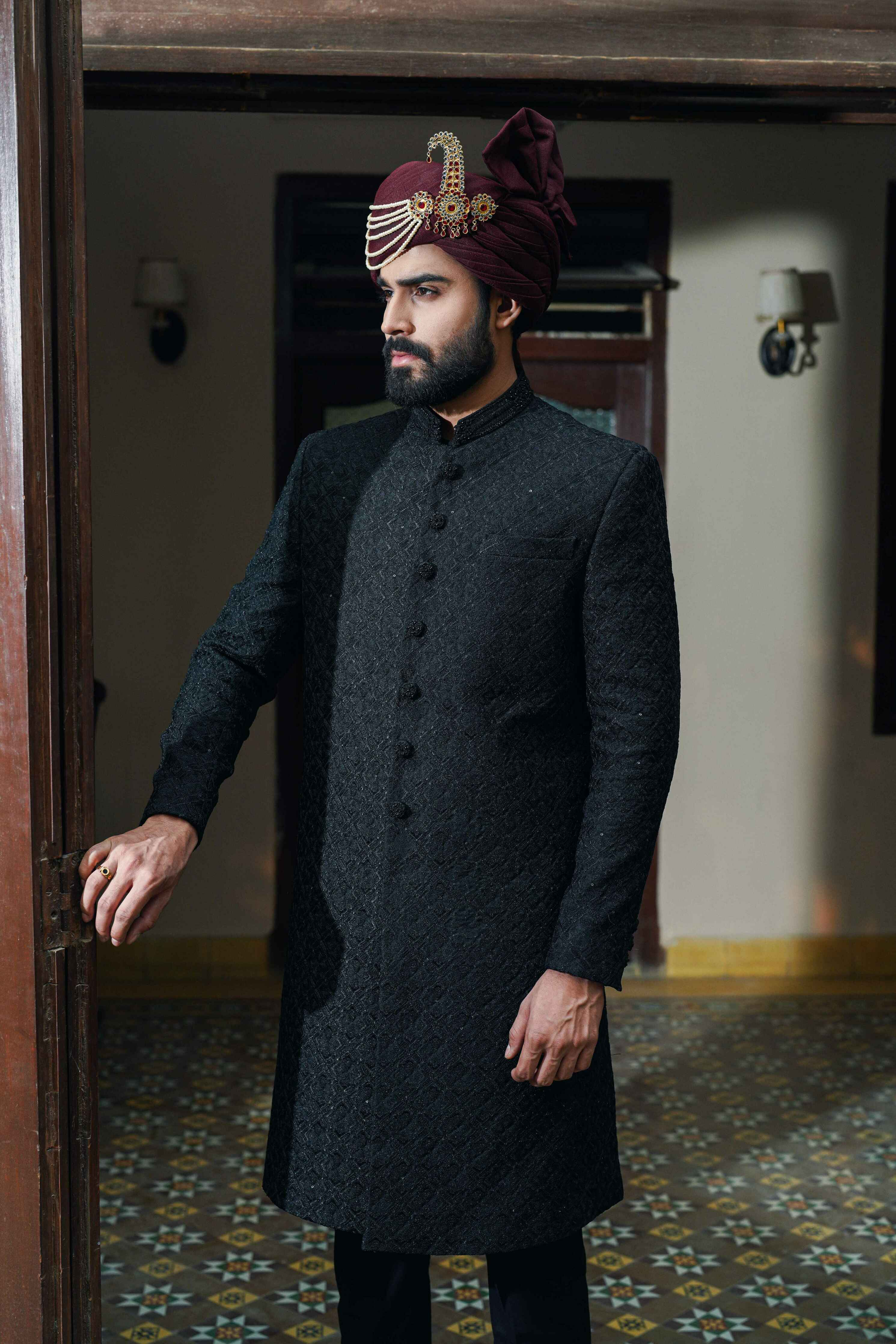 Classic Embroidered Black Sherwani