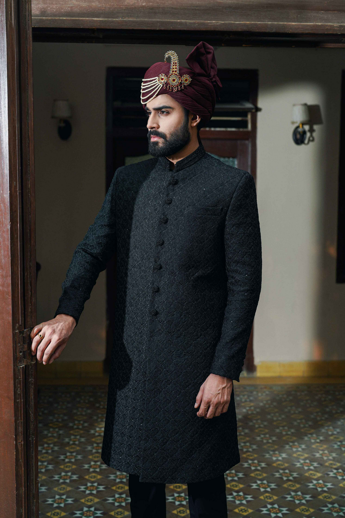 Classic Embroidered Black Sherwani