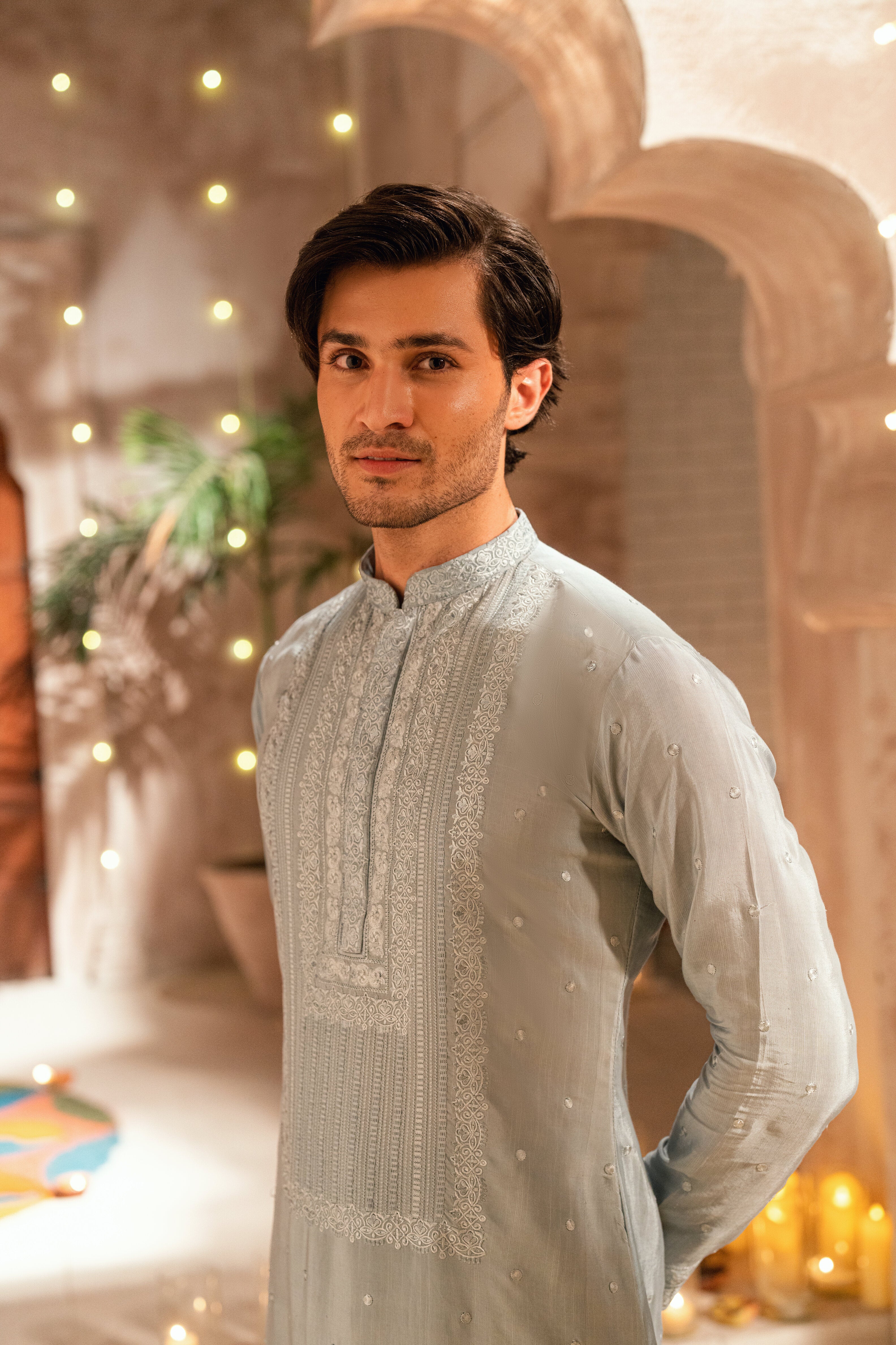 light grey kurta and trouser