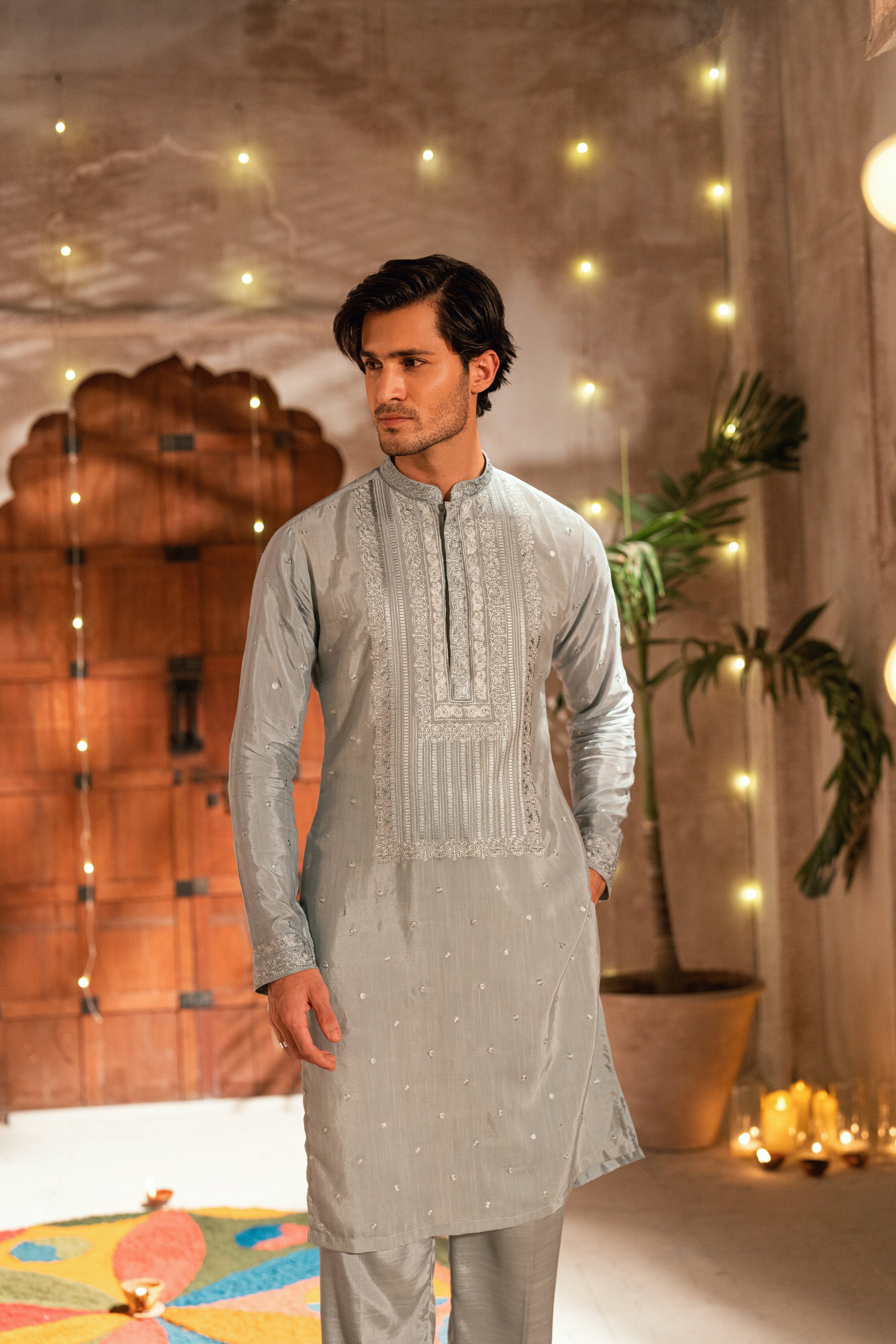 light grey kurta and trouser