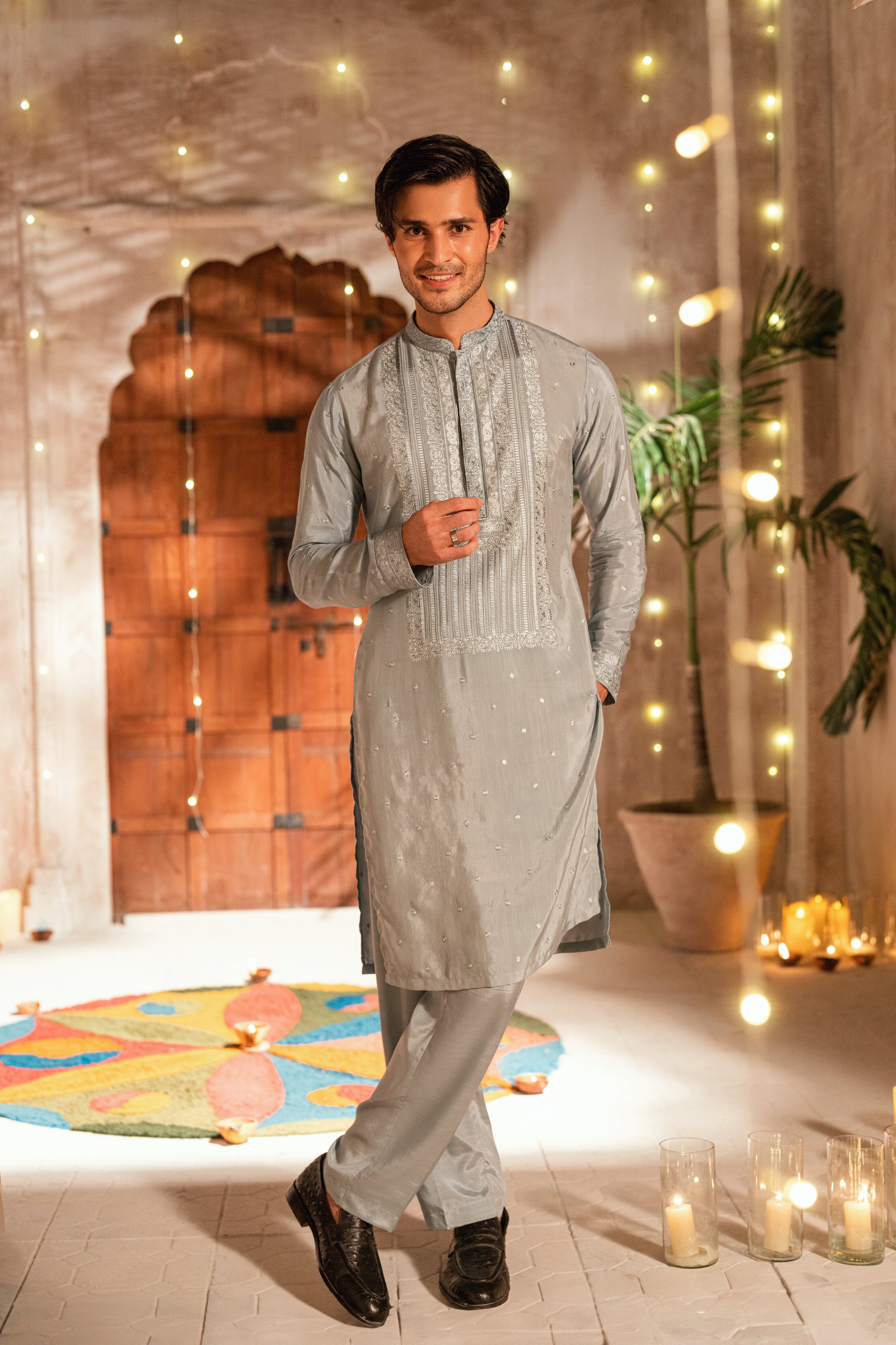light grey kurta and trouser
