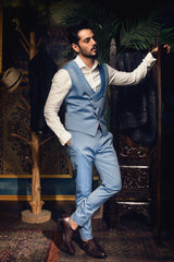 Sky blue textured 3 piece suit.