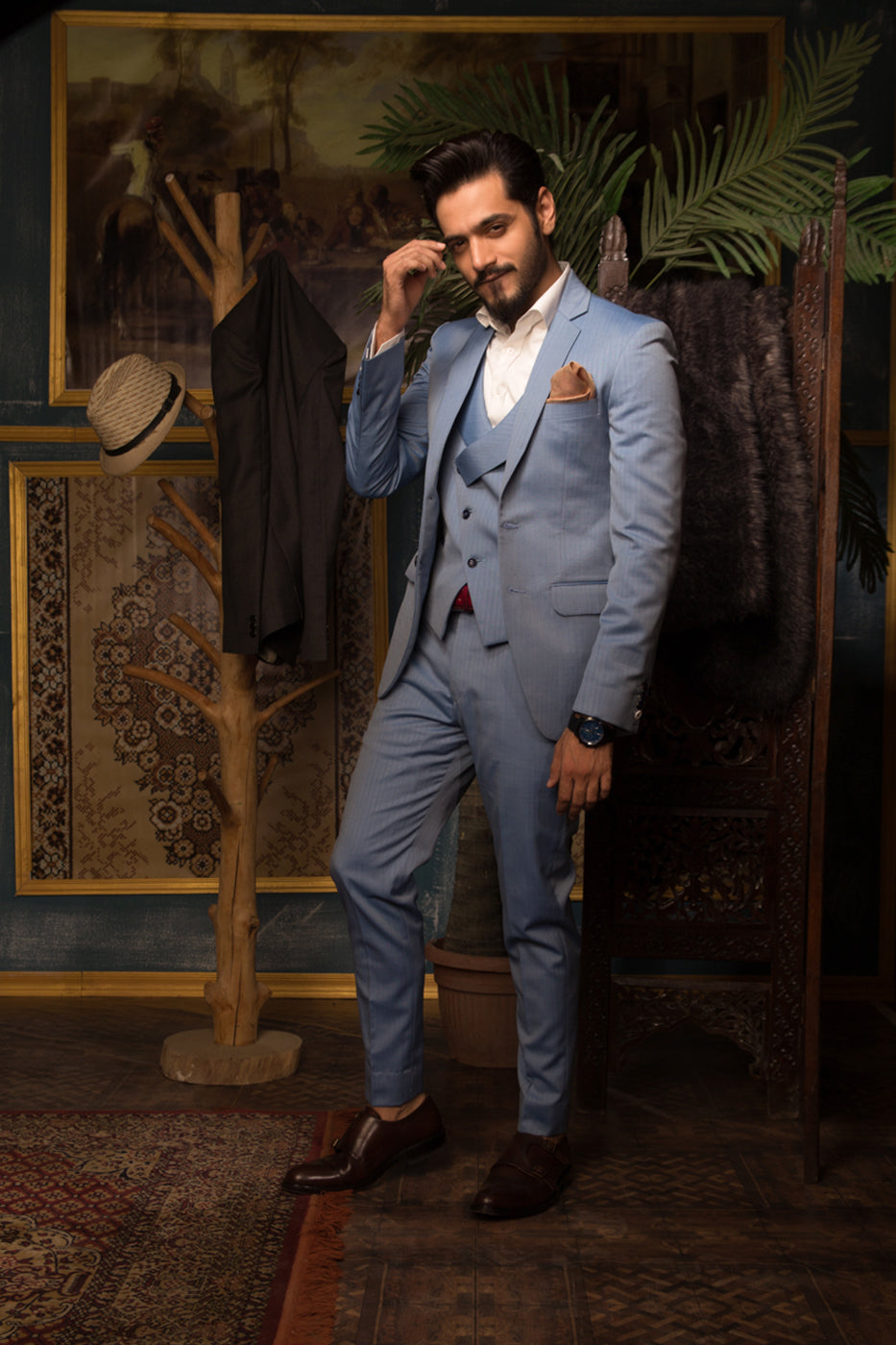 Sky blue textured 3 piece suit.