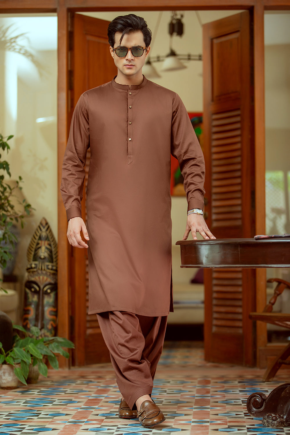 Mid dark brown pure cotton sherwani collar shalwar Kameez