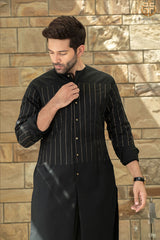 Black & Gold Front Open Stripes Kurta And Trouser