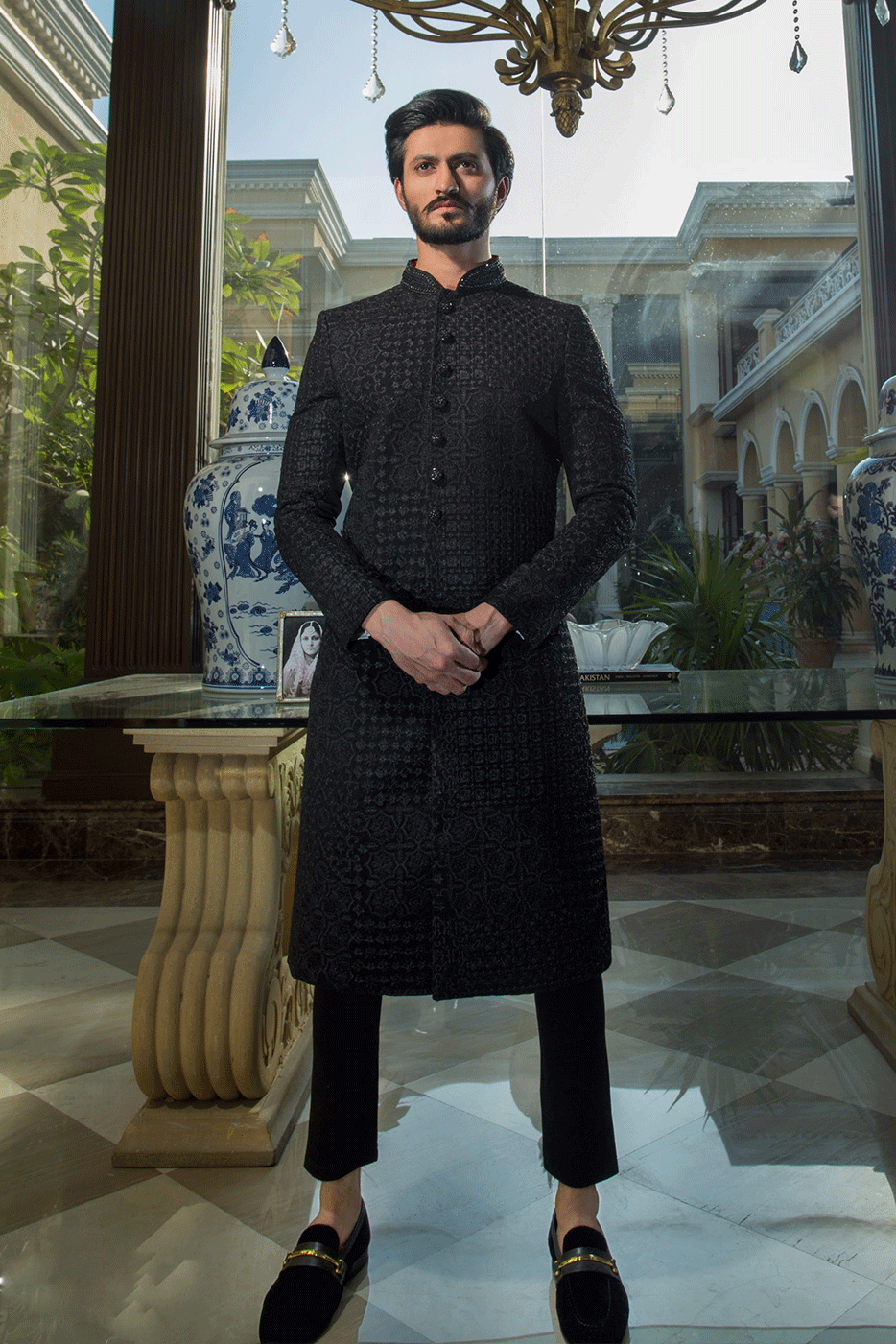 Black patch embroidered Sherwani