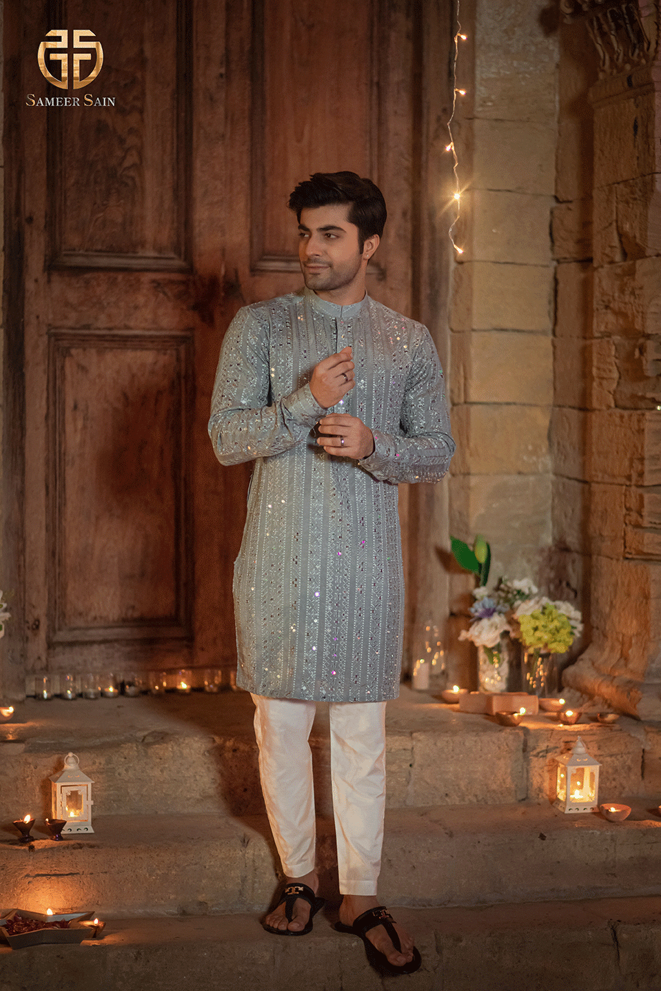 SKY BLUE BODERS KURTA AND TROUSER