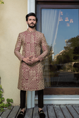 Maroon and Gold  patch embroidered Sherwani