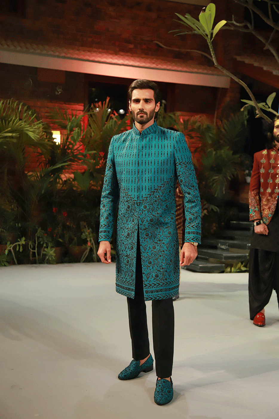 Aqua blue Block Art Sherwani