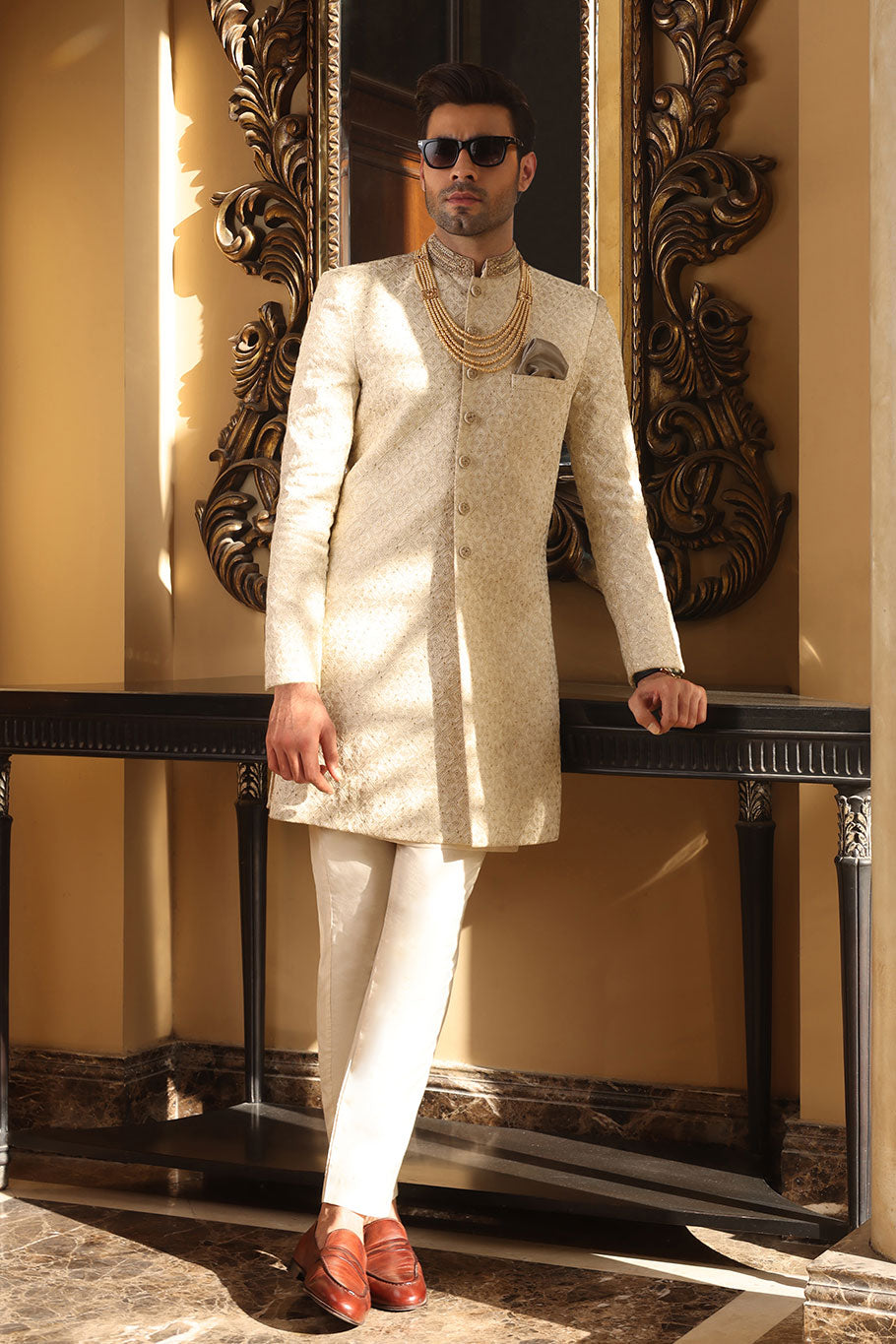 Beige Embroidered  Sherwani