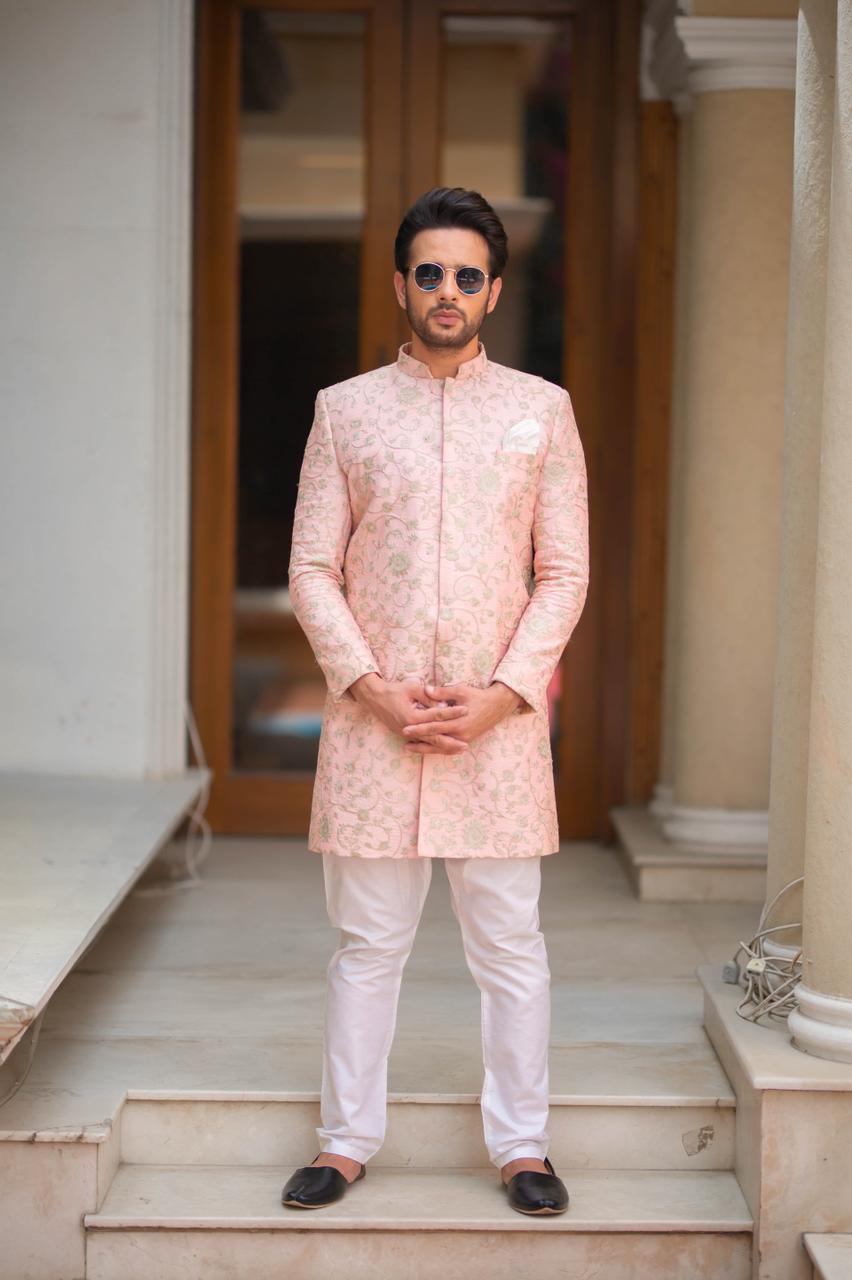 Powder Pink and Gold embroidered Sherwani