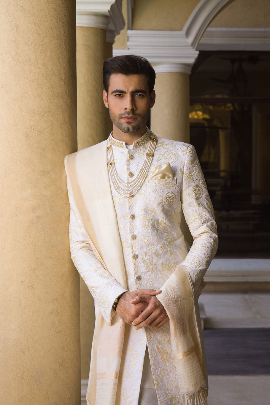 Off White Embroidered Sherwani