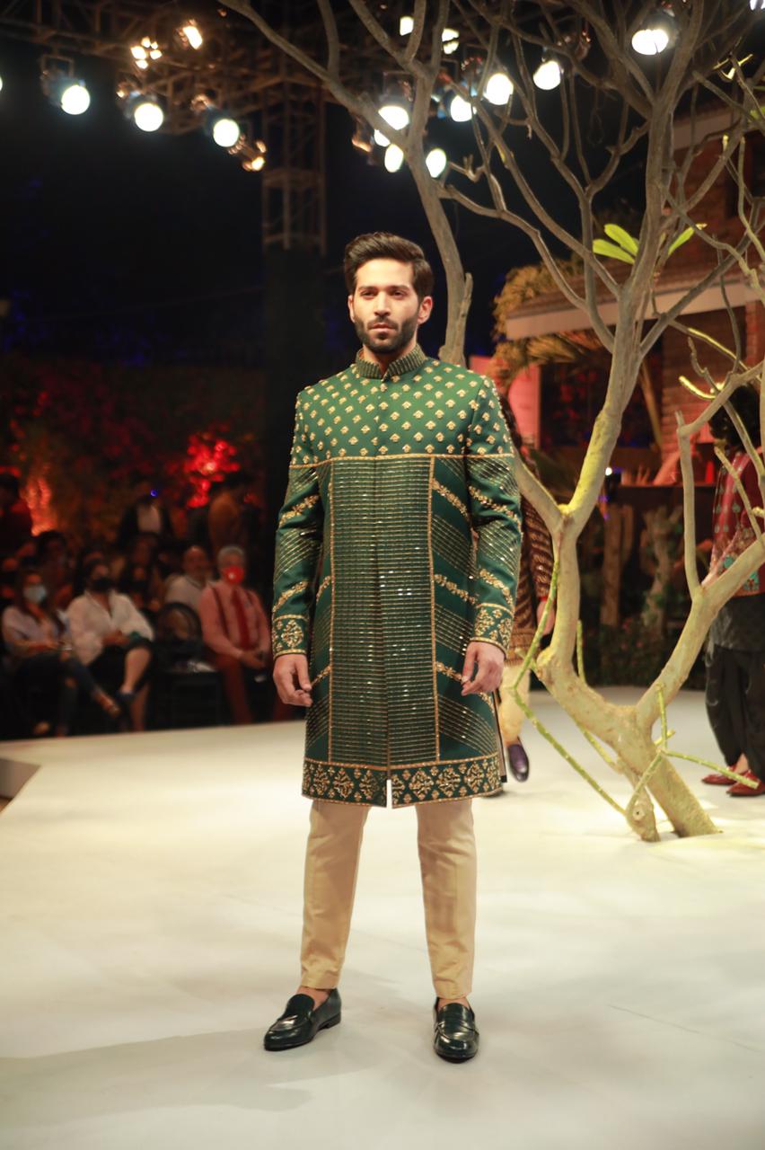 Green Block Art Sherwani