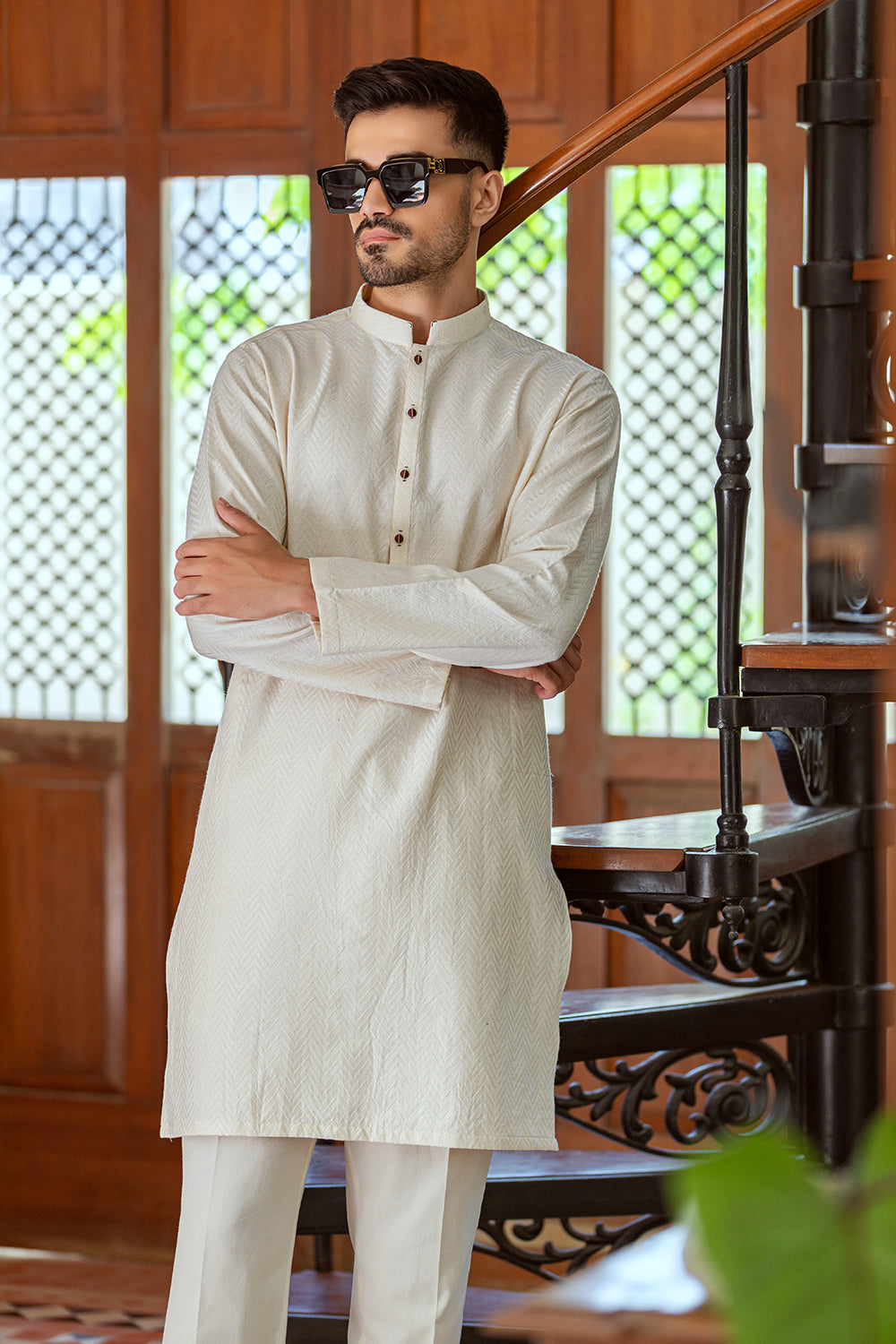 Cream colour embossed design Kurta