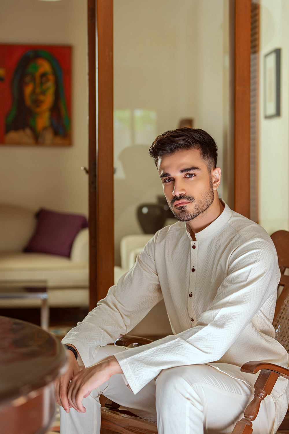 Cream colour embossed design Kurta