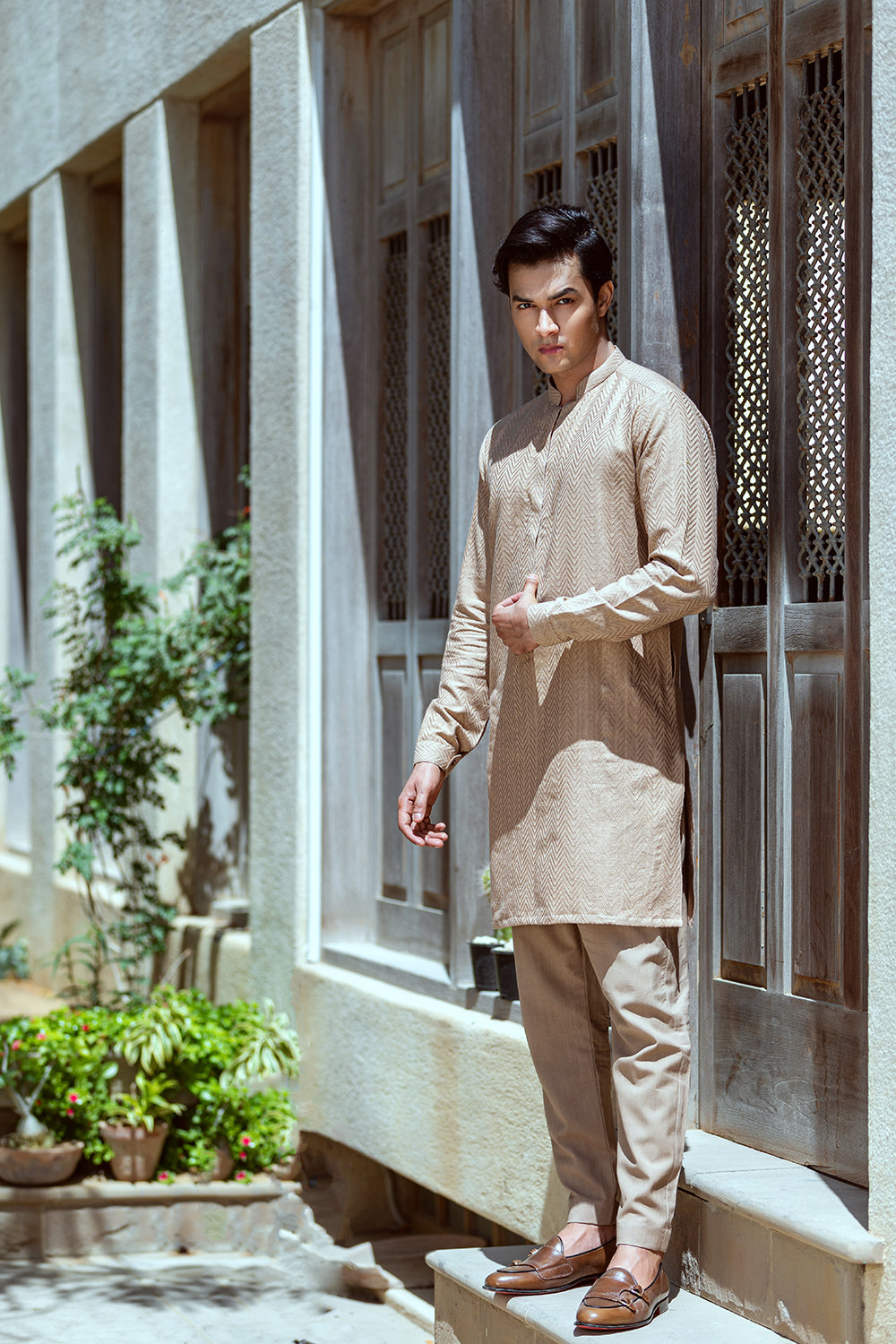 Camel colour embossed design Kurta