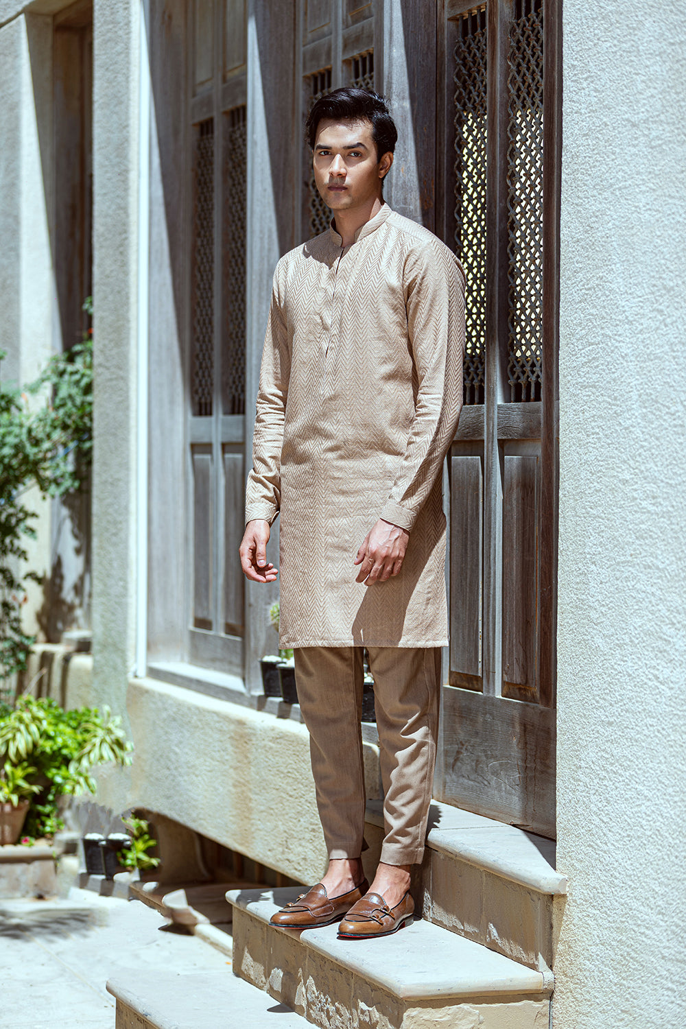 Camel colour embossed design Kurta