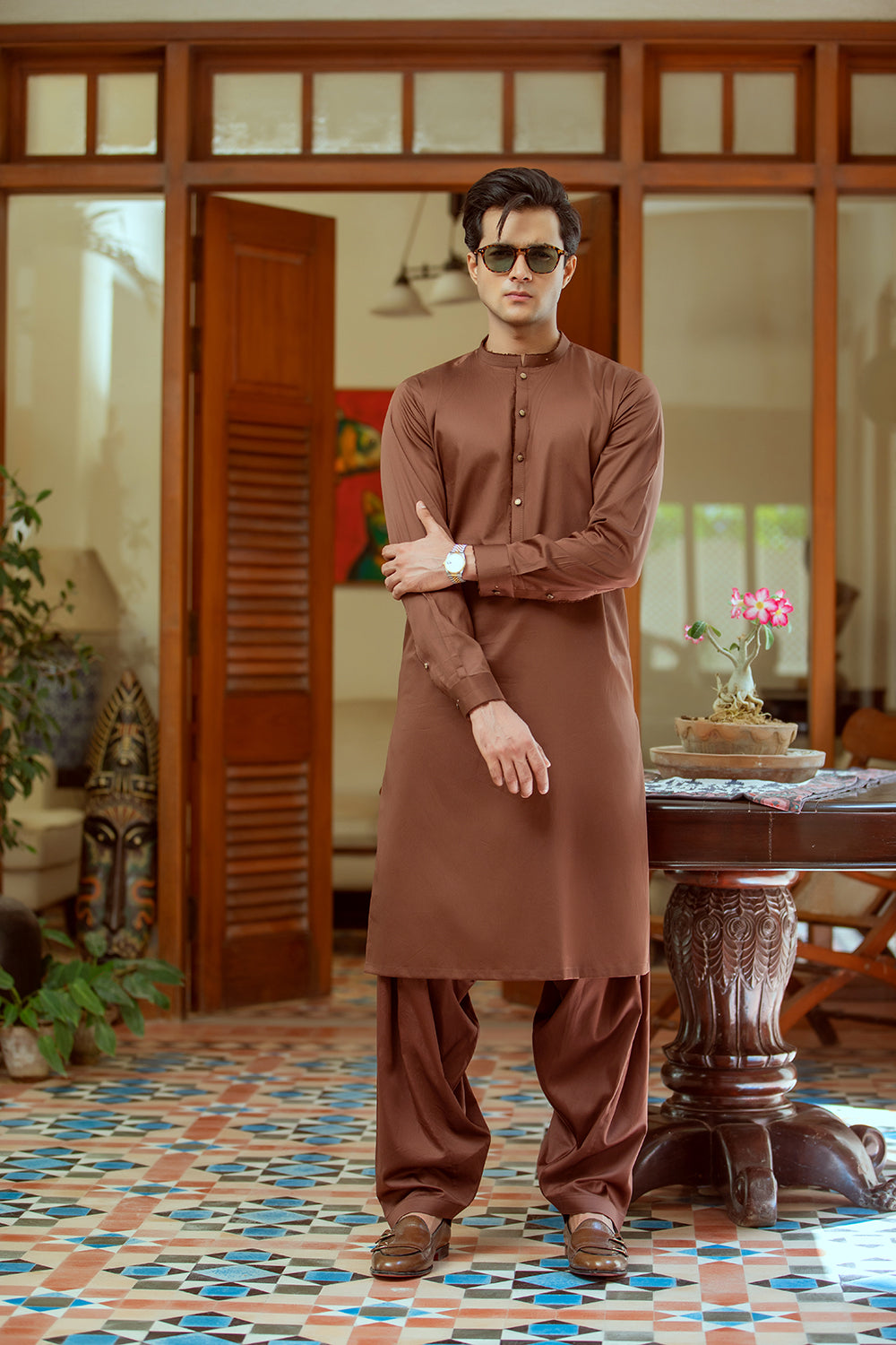 Mid dark brown pure cotton sherwani collar shalwar Kameez