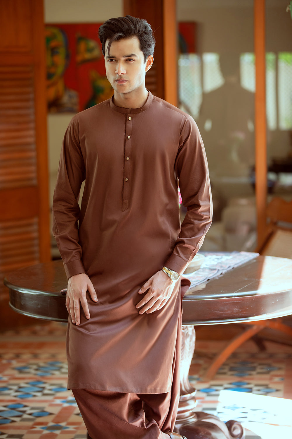 Mid dark brown pure cotton sherwani collar shalwar Kameez