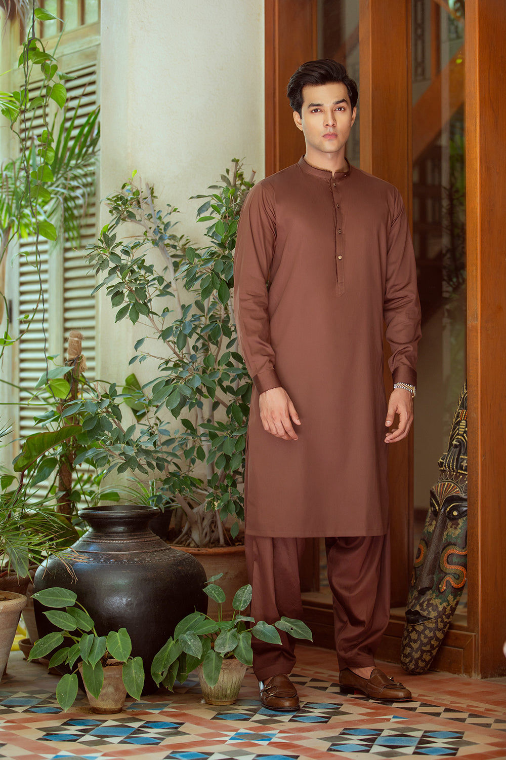 Mid dark brown pure cotton sherwani collar shalwar Kameez