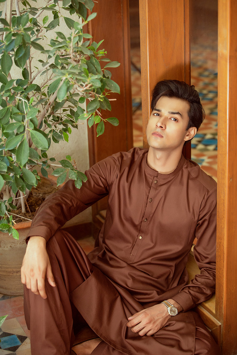 Mid dark brown pure cotton sherwani collar shalwar Kameez