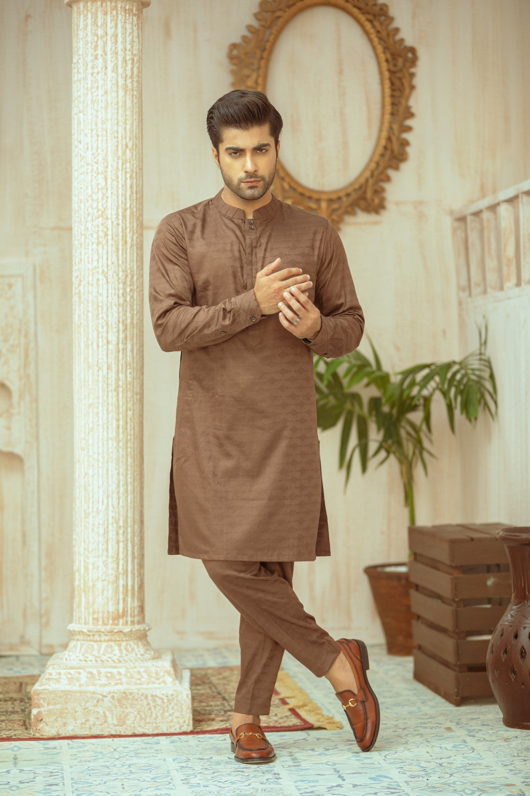 Brown Textured Kurta Pajama